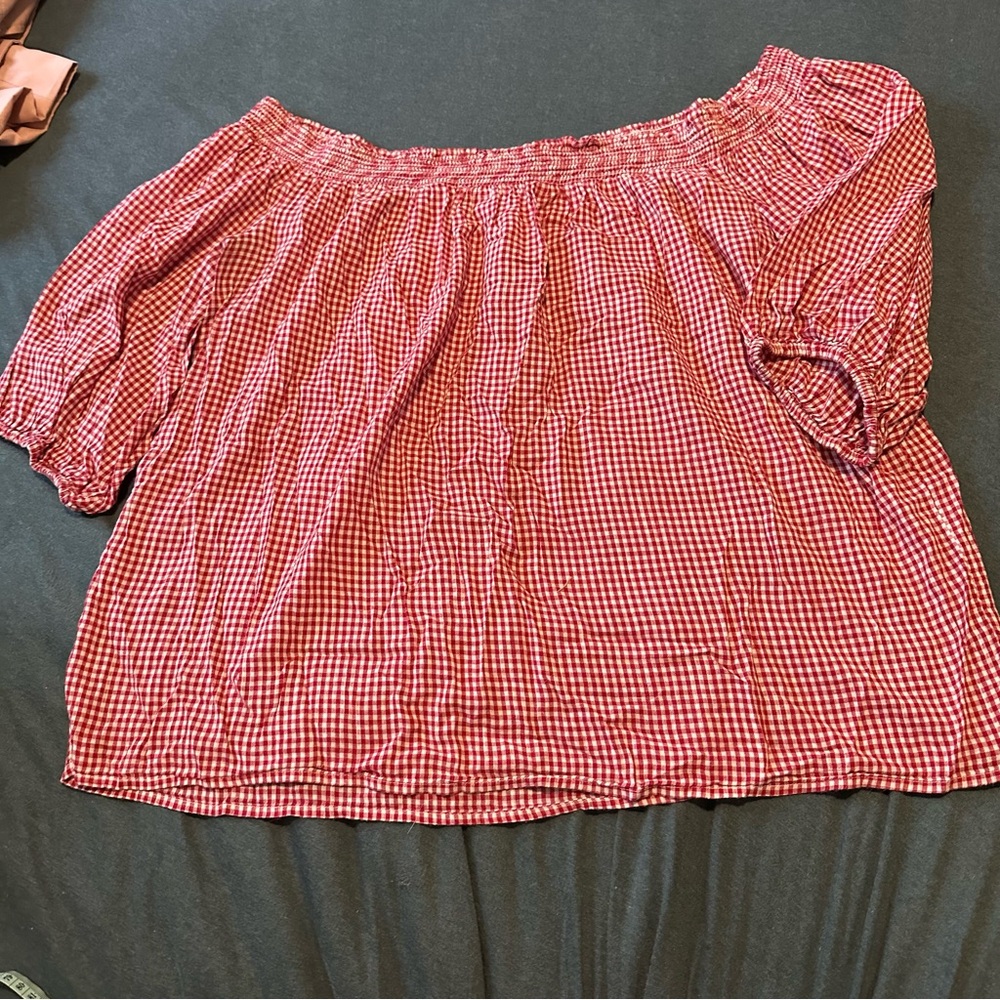 Off the Shoulder Red Ranch Style Gingham Blouse Plaid XL